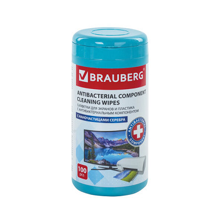 Салфетки чистящие для мониторов и пластика BRAUBERG 513476, 100 шт/в тубе